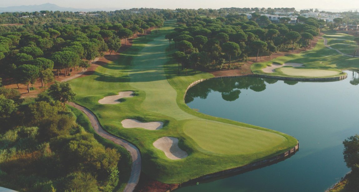 A golf hole beside a lake, seen from the air, ringed by pine trees