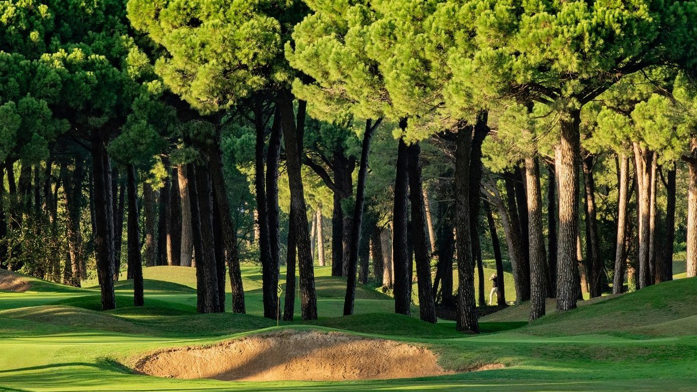 Umbrella pines framing a fairway and a sand bunker on a Catalan golf course