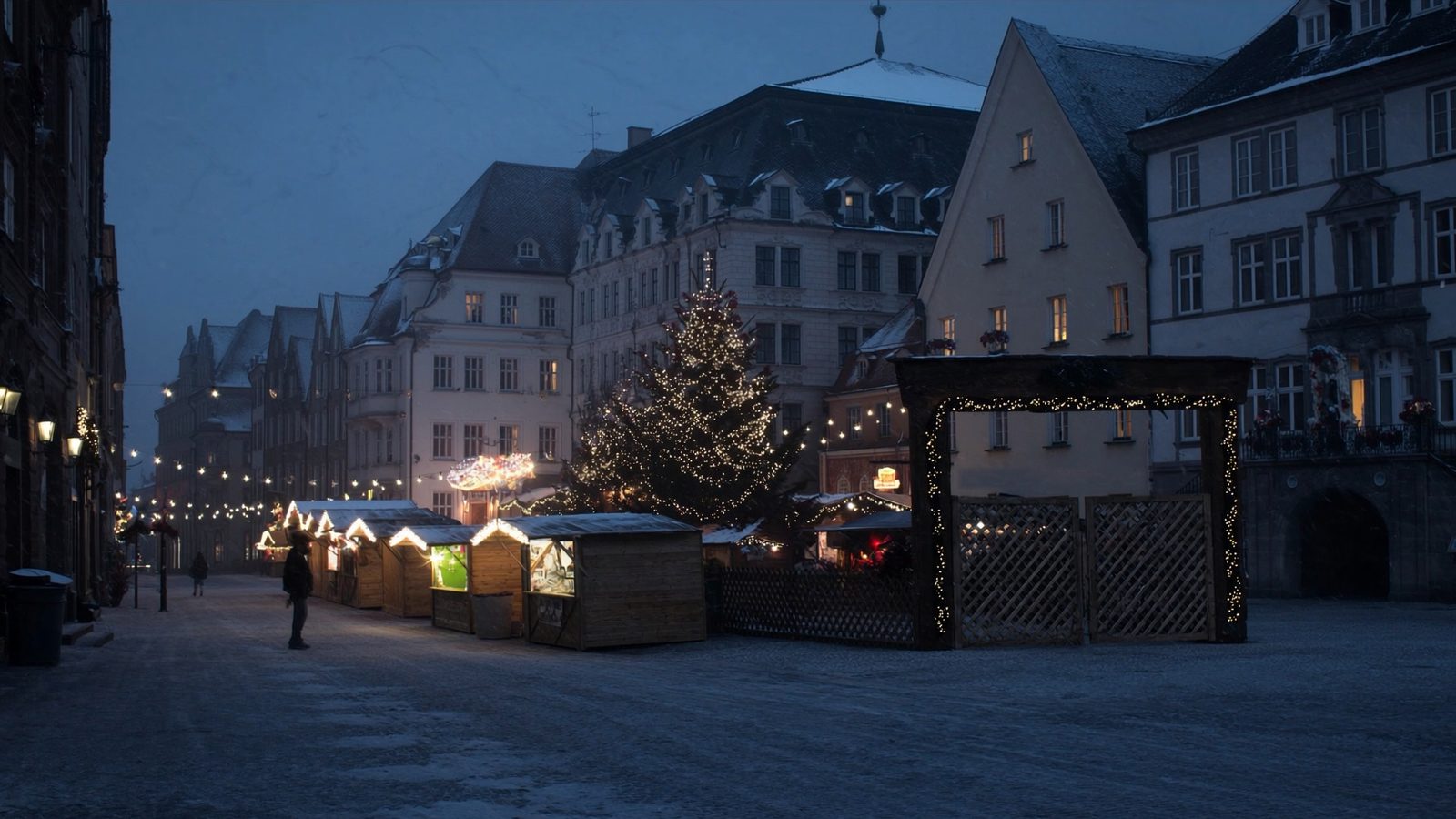 European Christmas market stalls lit at dusk